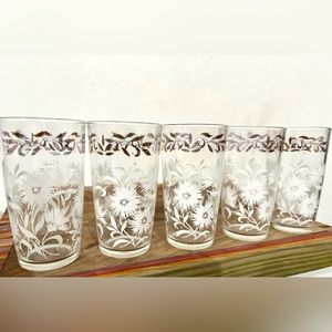 Mid century Set of 5 Hazel Atlas White Aster Atomic Drinking Glasses, Vintage Co